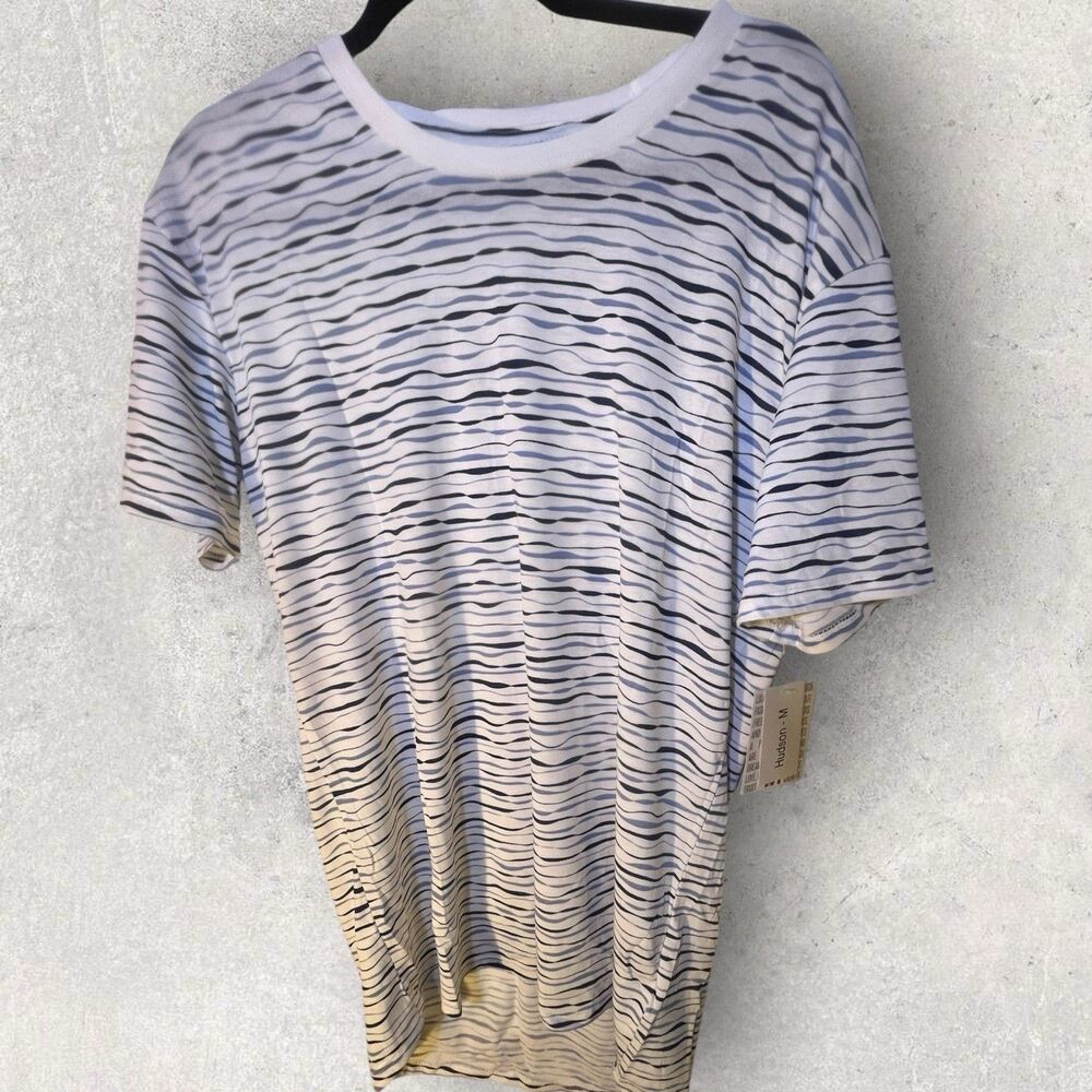 LulaRoe Hudson Medium Blue Black White Stripe Print Short Sleeves NWT